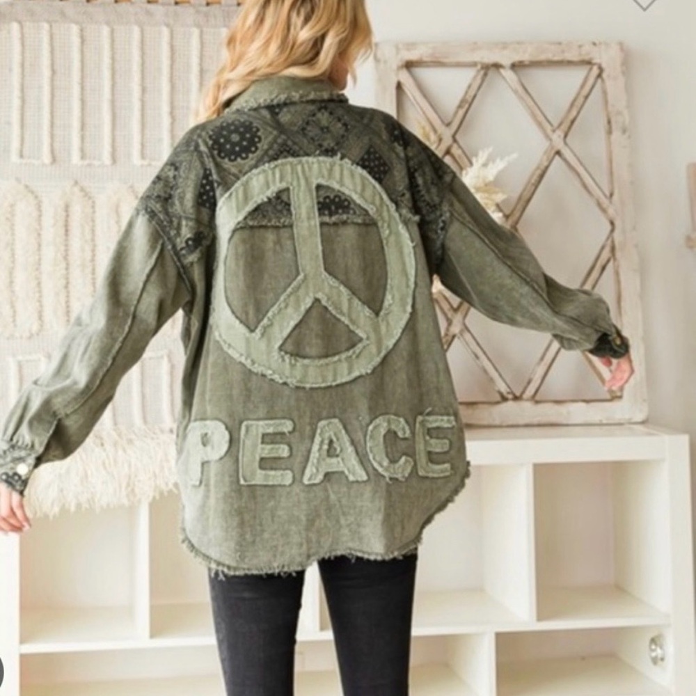 Oli & Hali Peace Out Soft Oversized Denim Patchwork Shirt Jacket. Olive - Green - Picture 16 of 16